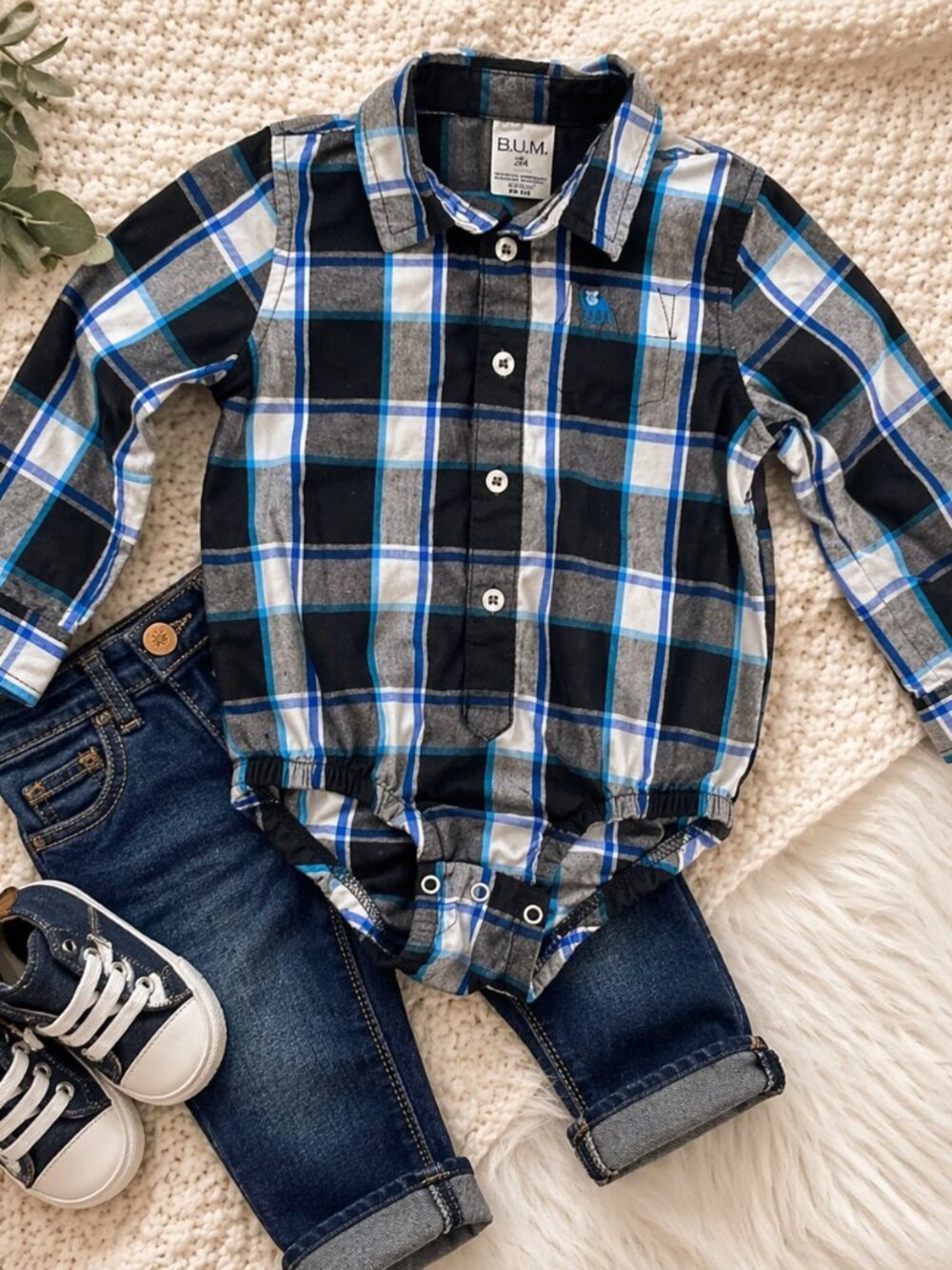 Baby B.U.M. Plaid One Piece Size 24M Button Front Collared Blue and Black Plaid